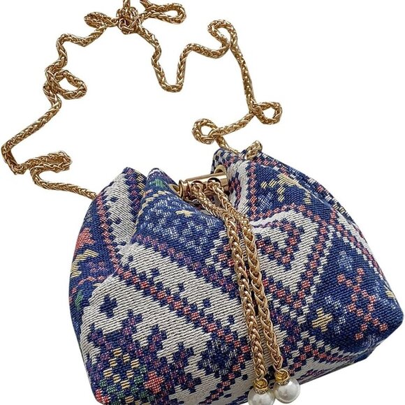 Blue White Multi Mini Plaid Drawstring Tote Bag Casual Boho Shoulder Handbag - Picture 5 of 7